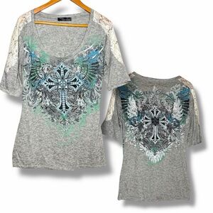 Angels & Diamonds Rhinestone Cross Lace Sleeve Y2K Graphic Tee Large